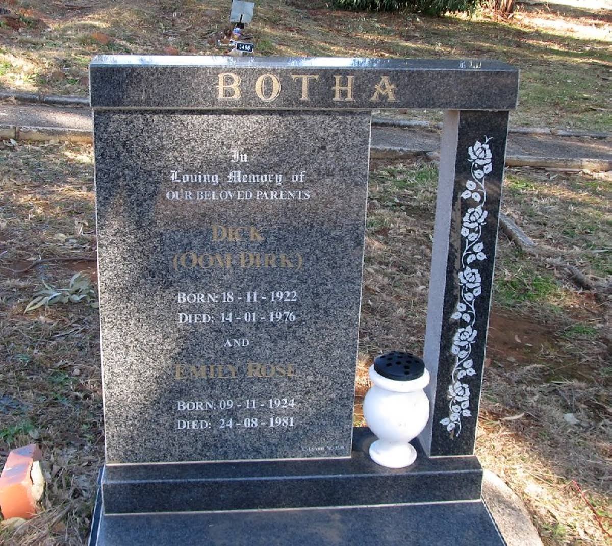 BOTHA Dick 1922-1976 &amp; Emily Rose 1924-1981