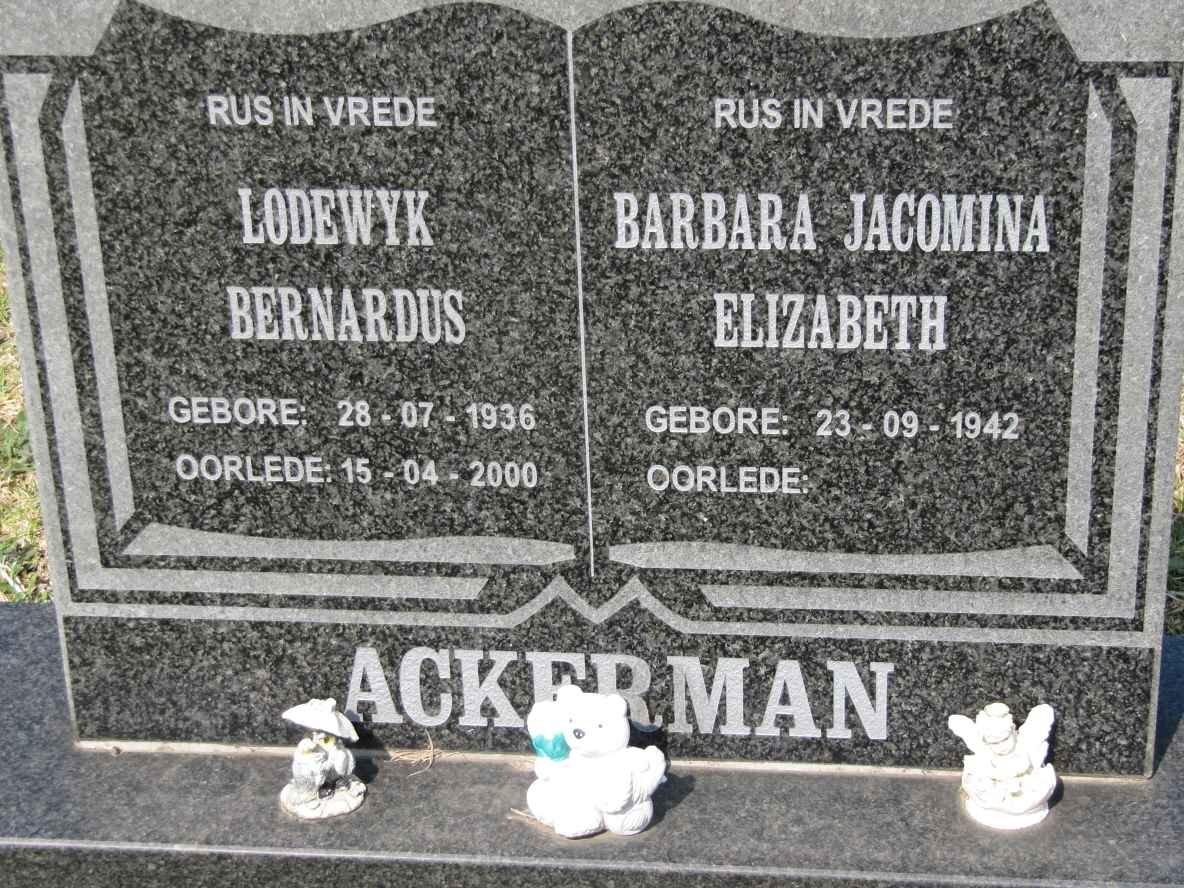 ACKERMAN Lodewyk Bernardus 1936-2000 &amp; Barbara Jacomina Elizabeth 1942-
