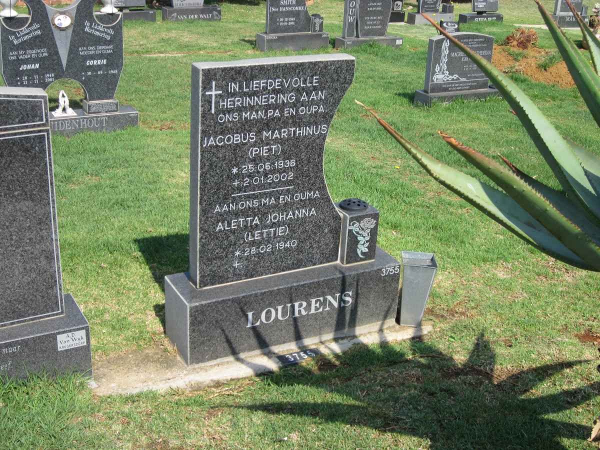 LOURENS Jacobus Marthinus 1936-2002 &amp; Aletta Johanna 1940-