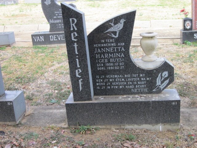 RETIEF Jannetta Harmina nee BUYS 1906-1991