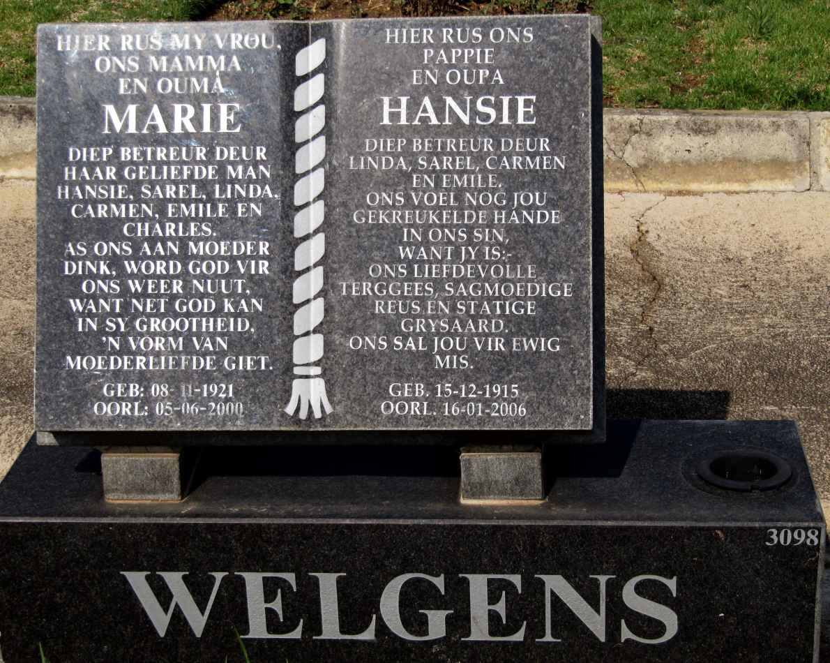 WELGENS Hansie 1915-2006 &amp; Marie 1921-2000