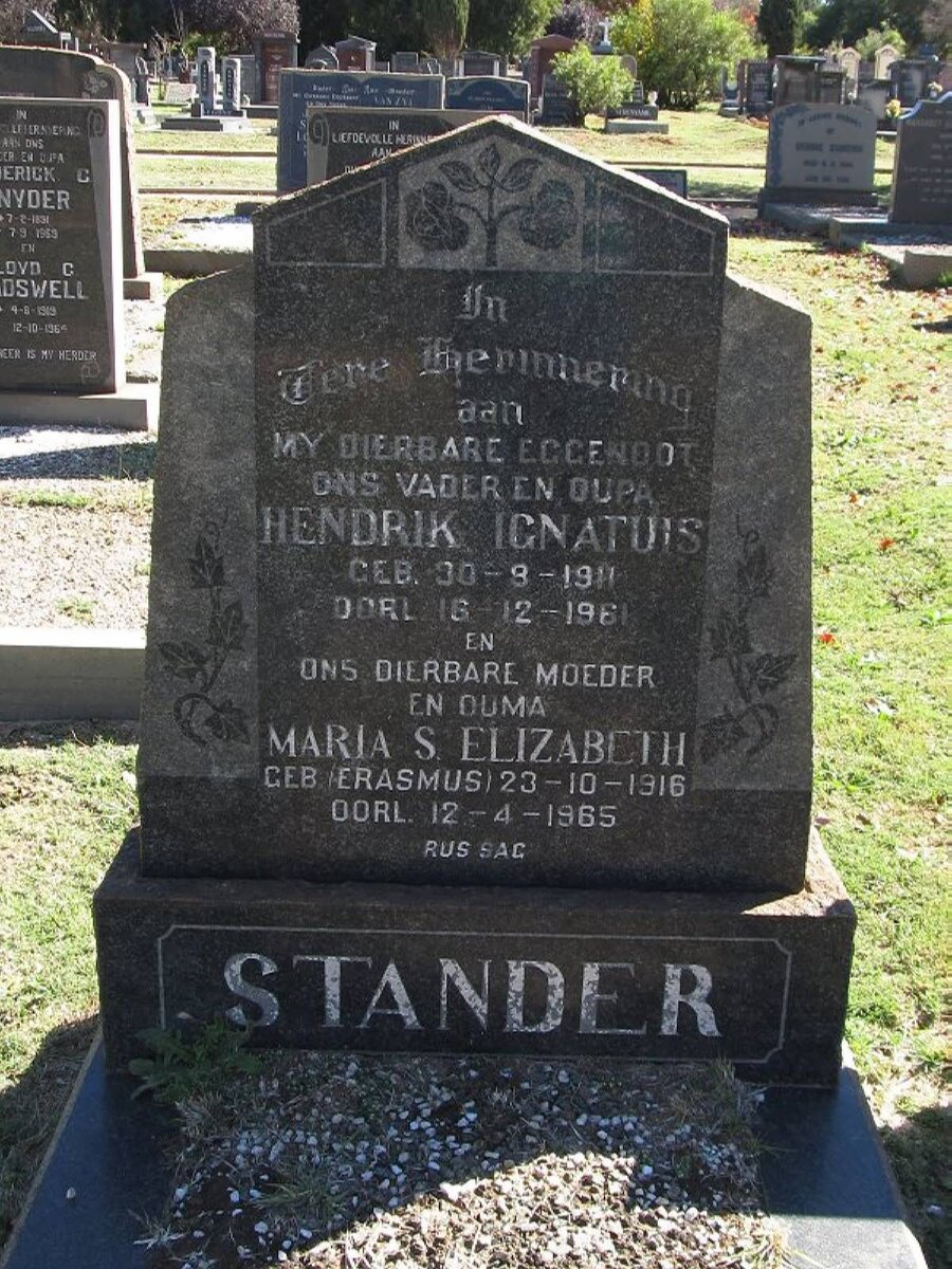STANDER Hendrik Ignatius 1911-1961 &amp; Maria S. Elizabeth ERASMUS 1916-1965
