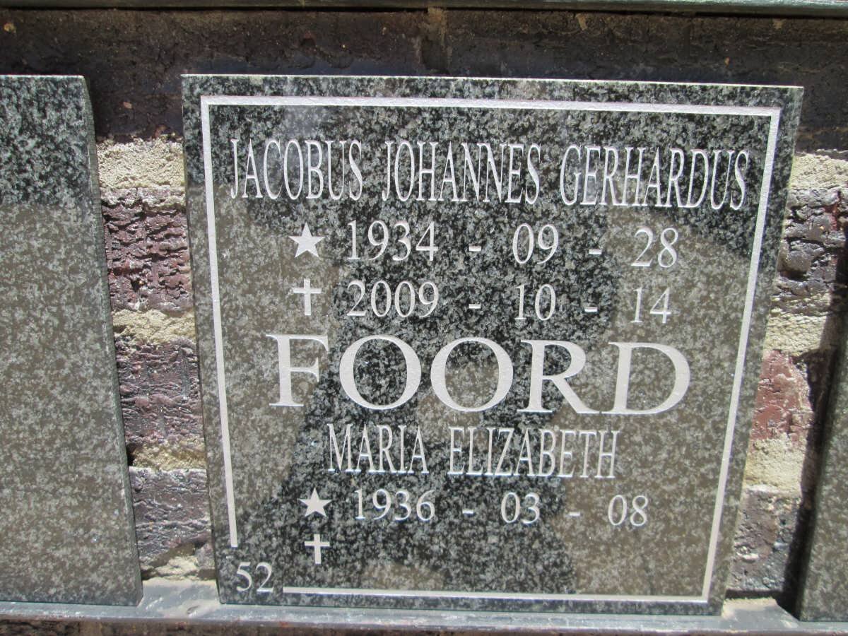 FOORD Jacobus Johannes Gerhardus 1934-2009 &amp; Maria Elizabeth 1936-