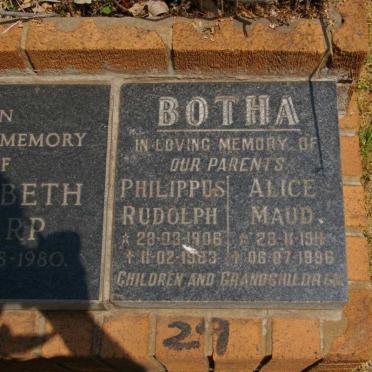 BOTHA Philippus Rudolph 1906-1983 &amp; Alice Maud 1911-1996