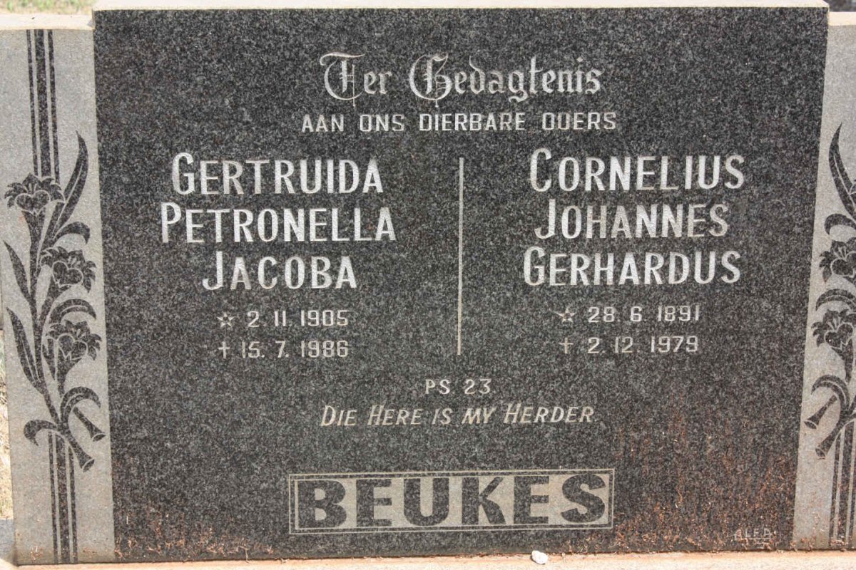 BEUKES Cornelius Johannes Gerhardus 1891-1979 &amp; Gertruida Petronella Jacoba 1905-1986