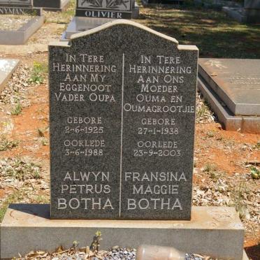 BOTHA Alwyn Petrus 1925-1988 &amp; Fransina Maggie 1938-2003