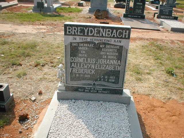 BREYDENBACH Cornelius Allewyn Frederick 1920-  &amp; Johanna Elizabeth 1922-1998