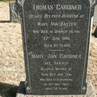 GARDINER Thomas -1945 &amp; Mary Ann BAXTER -1955