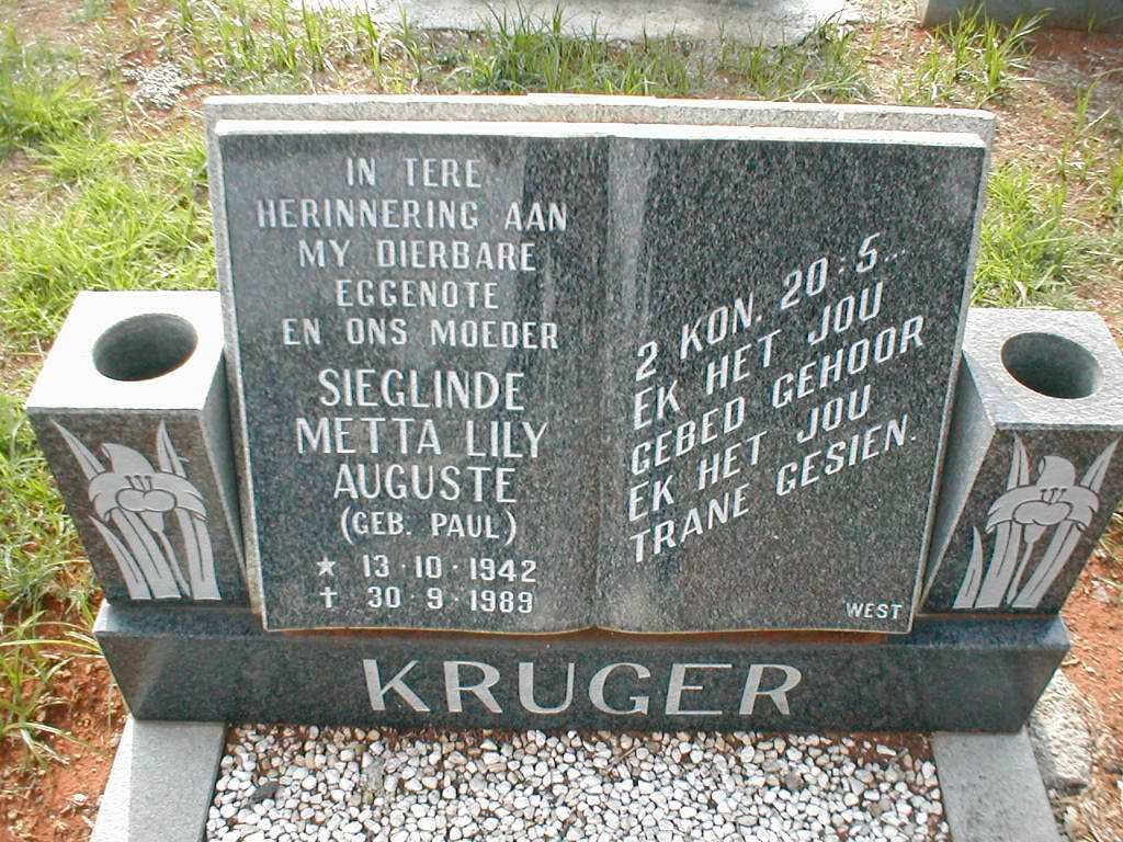 KRUGER Sieglinde Metta Lily Auguste nee PAUL 1942-1989