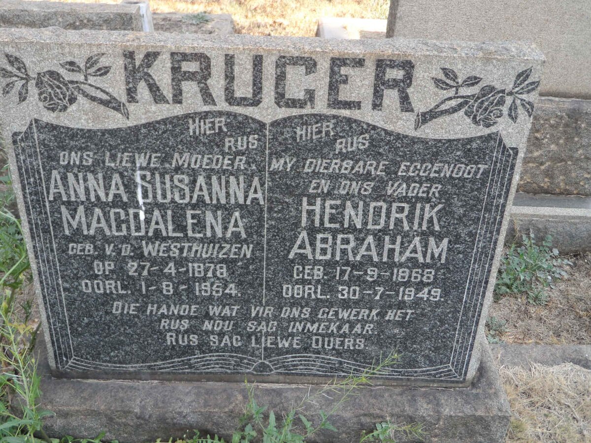 KRUGER Hendrik Abraham 1868-1949 &amp; Anna Susanna Magdalena V.D.WESTHUIZEN 1879-1954