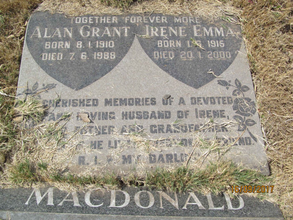 MACDONALD Alan Grant 1910-1988 &amp; Irene Emma 1915-2000