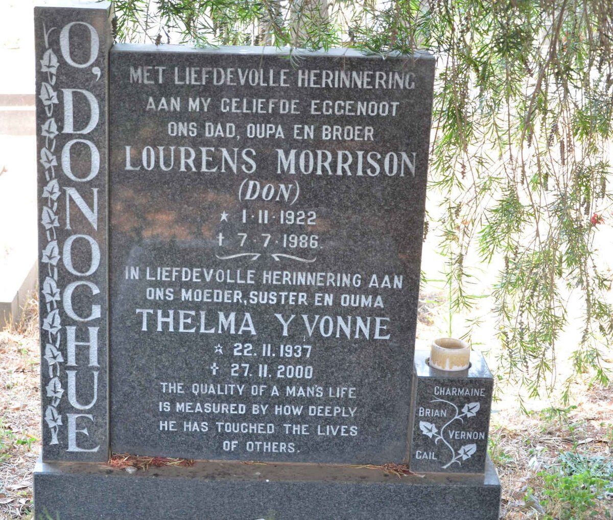 O'DONOGHUE Lourens Morrison 1922-1986 &amp; Thelma Yvonne 1937-2000