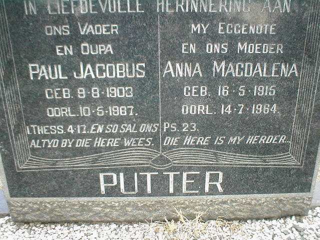 PUTTER Paul Jacobus 1903-1967 &amp; Anna Magdalena 1915-1964