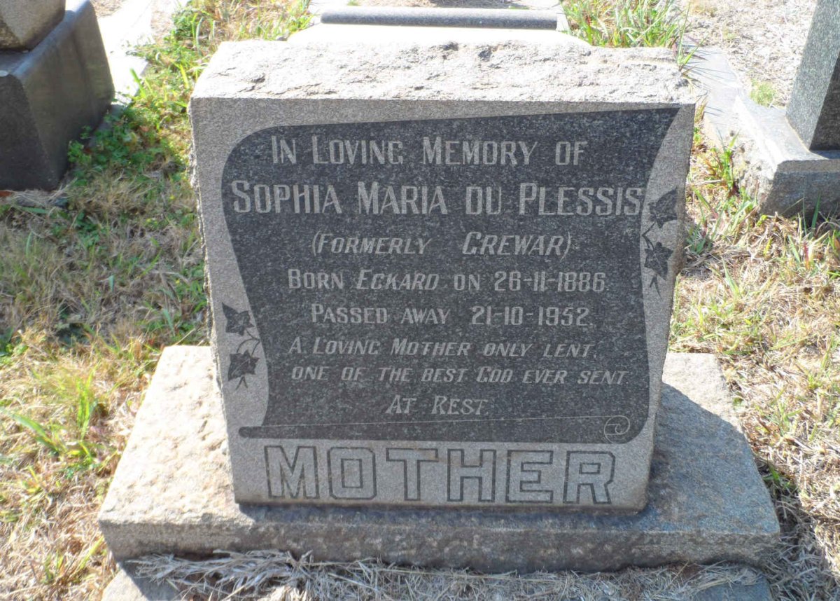 PLESSIS Sophia Maria, du formerly GREWAR nee ECKARD 1886-1952
