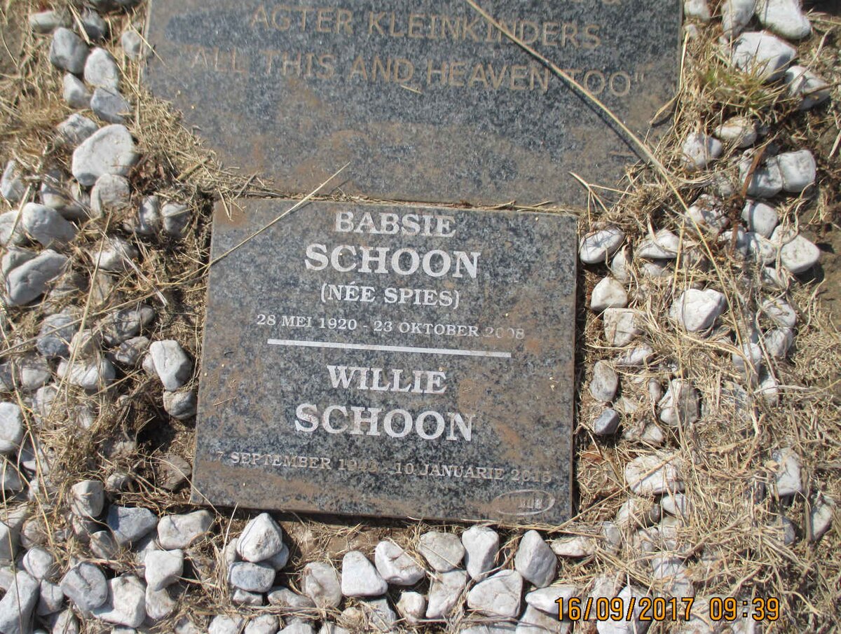 SCHOON Herman Frederik 1918-1951 &amp; Babsie SPIES 1920-2008 :: SCHOON Willie 1943-2015
