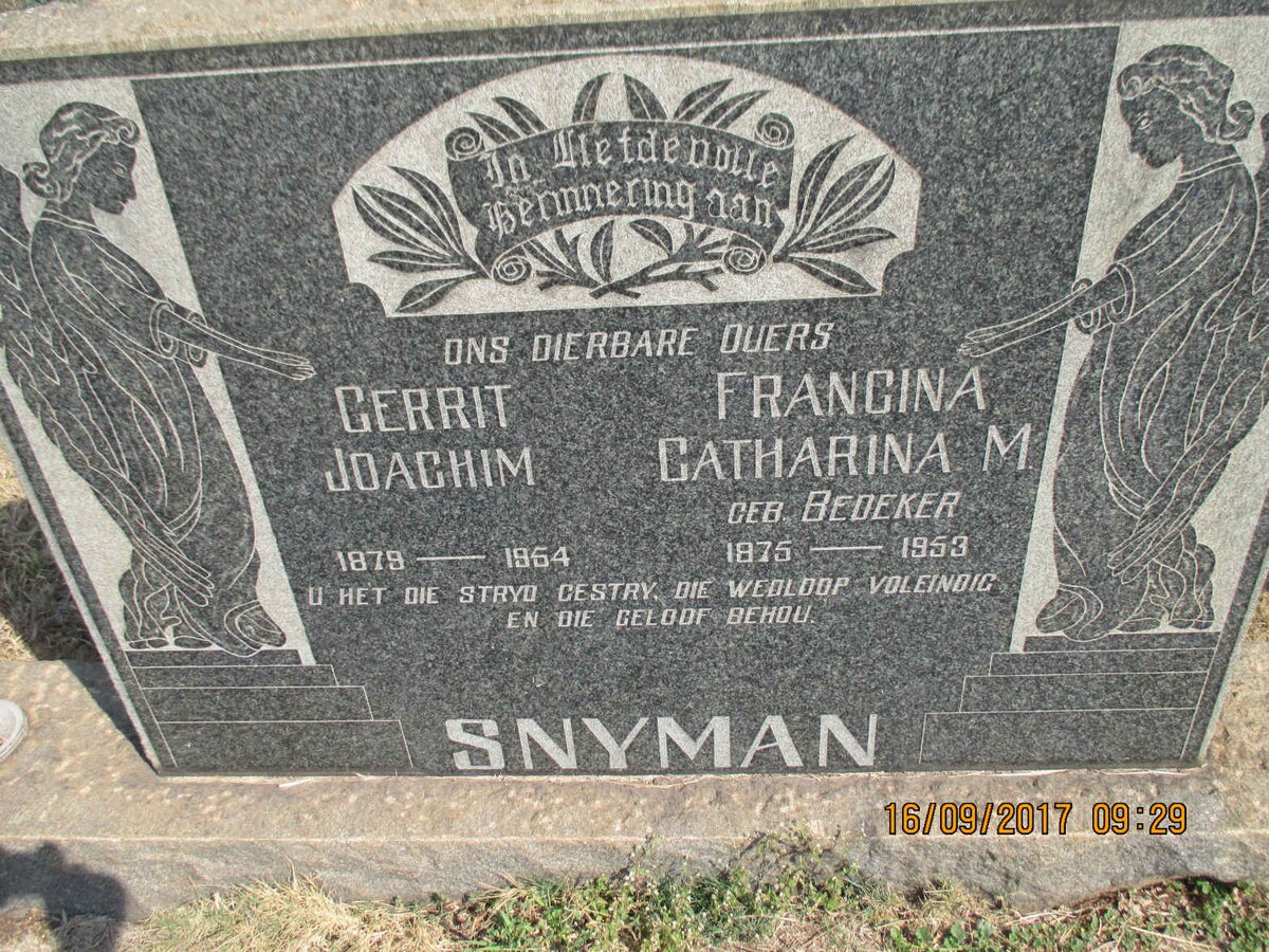 SNYMAN Gerrit Joachim 1879-1954 &amp; Francina Catharina M. BEDEKER 1875-1953