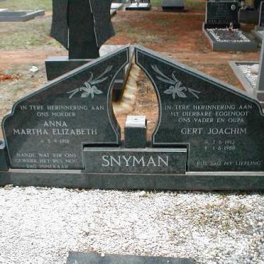 SNYMAN Gert Joachim 1910-1988 &amp; Anna Martha Elizabeth 1918-