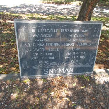 SNYMAN Leonard Johannes Louw 1908-1963 &amp; Wilhelmina Hendrina van Staden CILLIE 1913-1982