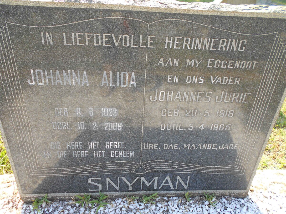 SNYMAN Johannes Jurie 1918-1965 &amp; Johanna Alida 1922-2008