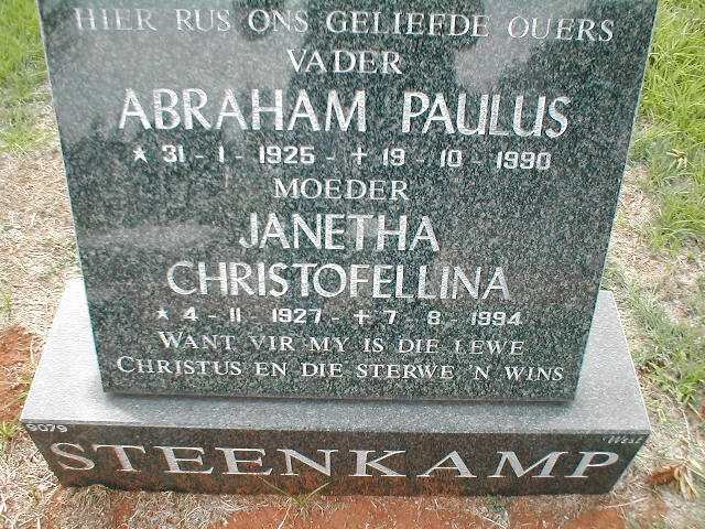STEENKAMP Abraham Paulus 1925-1990 &amp; Janetha Christofellina 1927-1994