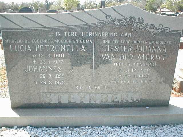 STEYNBERG Johannes J. 1895-1978 &amp; Lucia Petronella 1901-1977 :: VAN DER MERWE Hester Johanna nee STEYNBERG 1930-1976