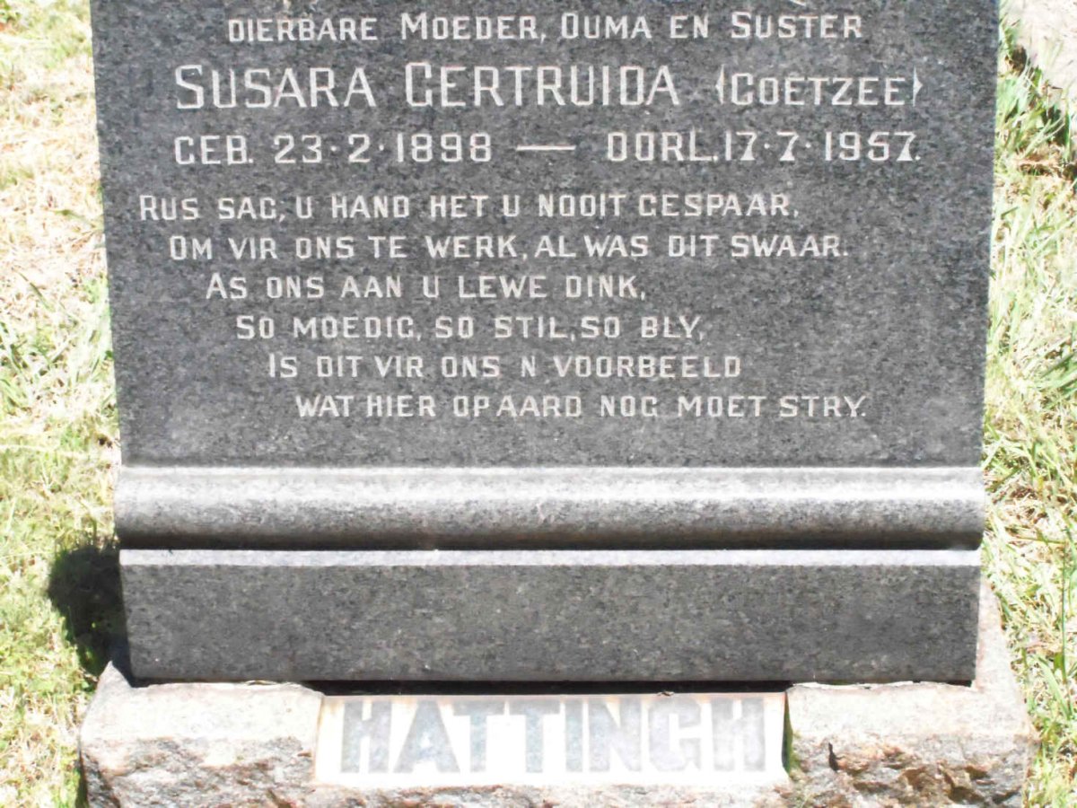 HATTINGH Susara Gertruida nee COETZEE 1898-1957