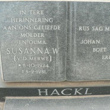 HACKL Susanna W. nee V.D. MERWE 1924-1981