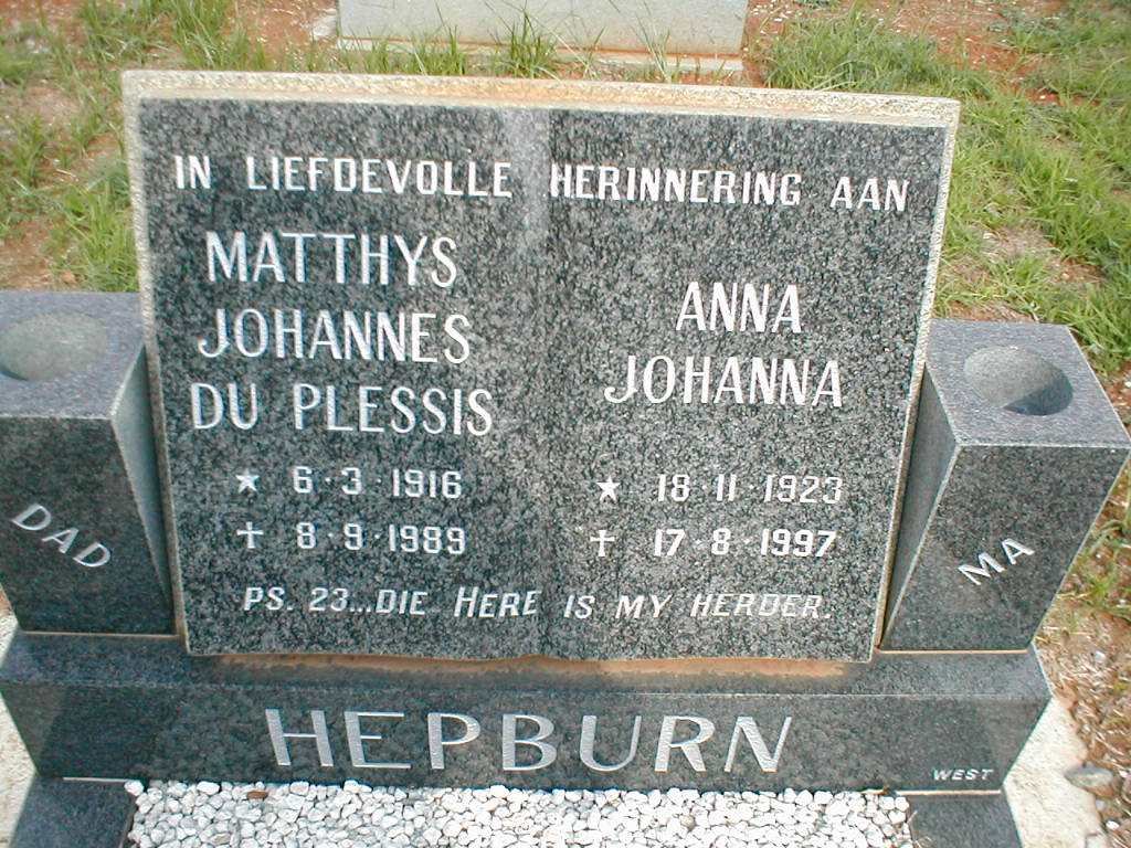 HEPBURN Matthys Johannes du Plessis 1916-1989 &amp; Anna Johanna 1923-1997