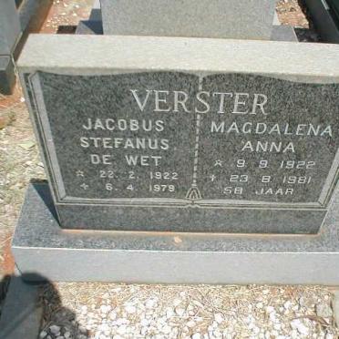 VERSTER Jacobus Stefanus de Wet 1922-1979 &amp; Magdalena Anna 1922-1981