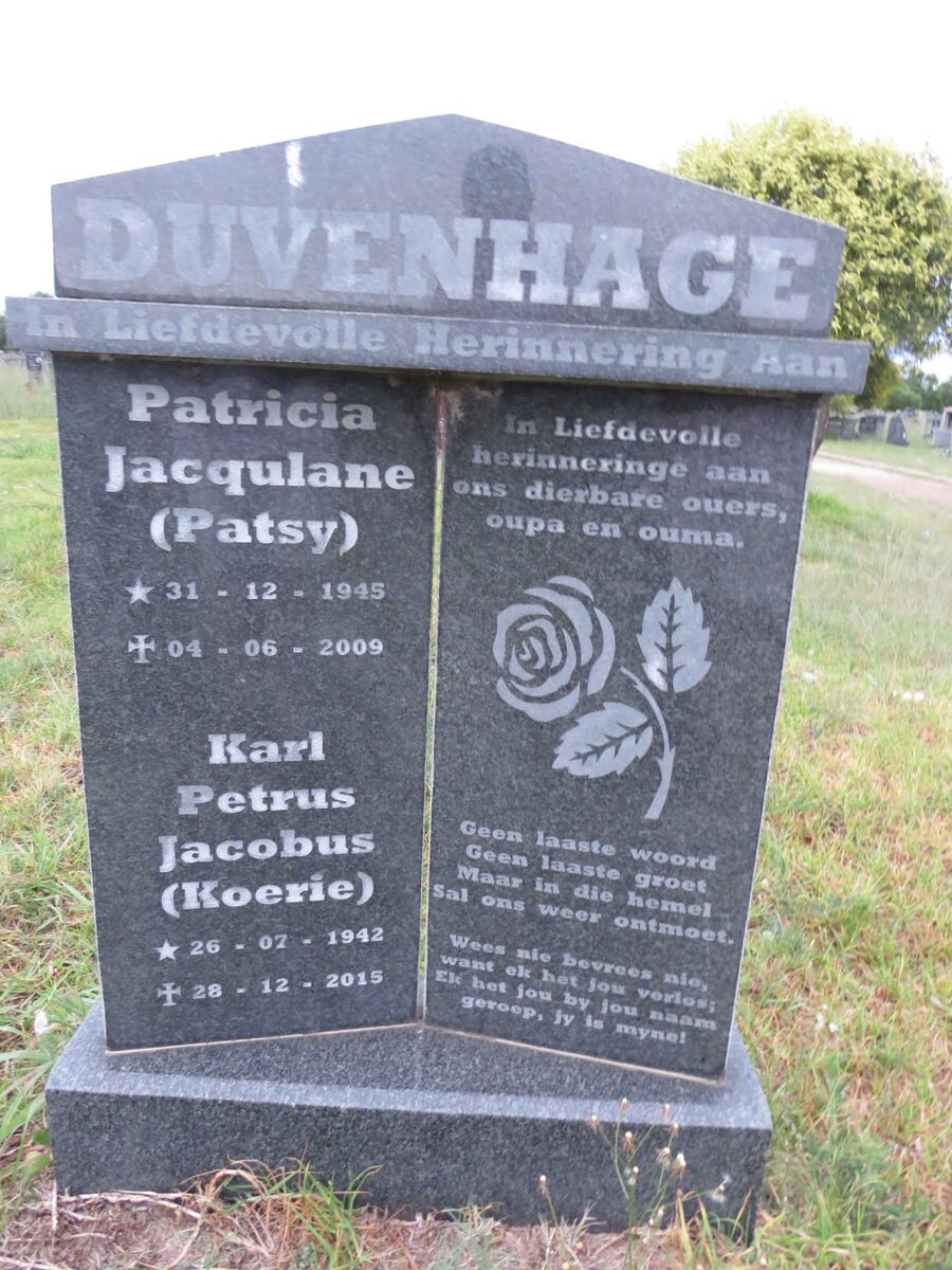 DUVENHAGE Karl Petrus Jacobus 1942-2015 & Patricia Jacqulane 1945-2009