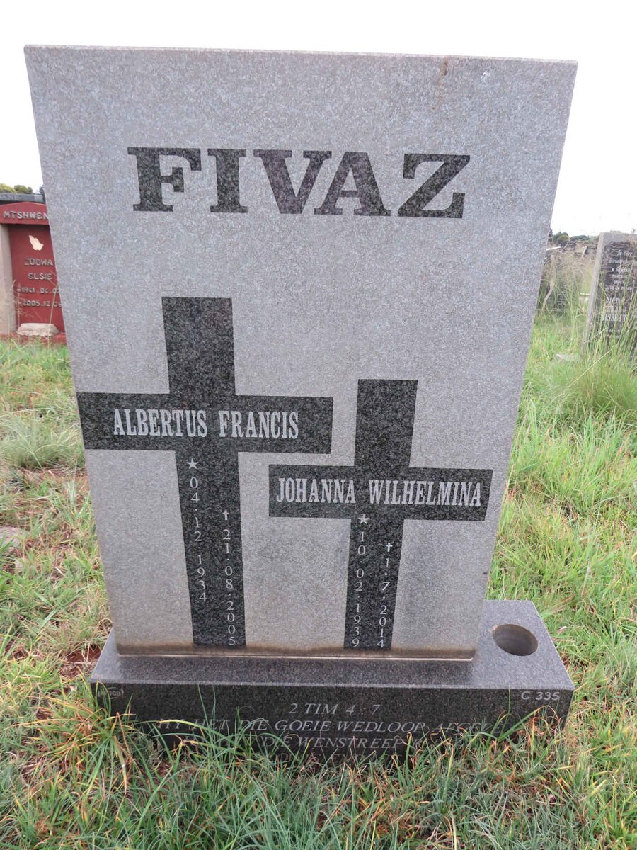 FIVAZ Albertus Francis 1934-2005 & Johanna Wilhelmina 1939-2014
