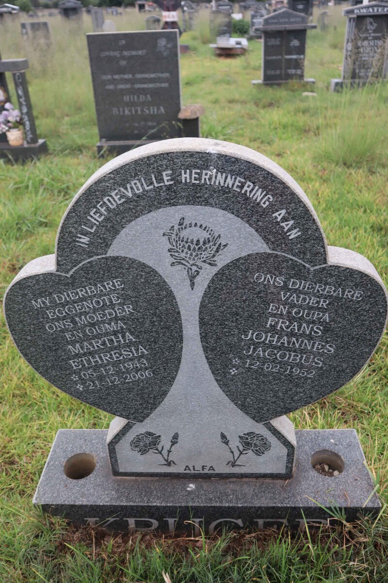 KRUGER Frans Johannes Jacobus 1952- & Martha Ethresia 1943-2006