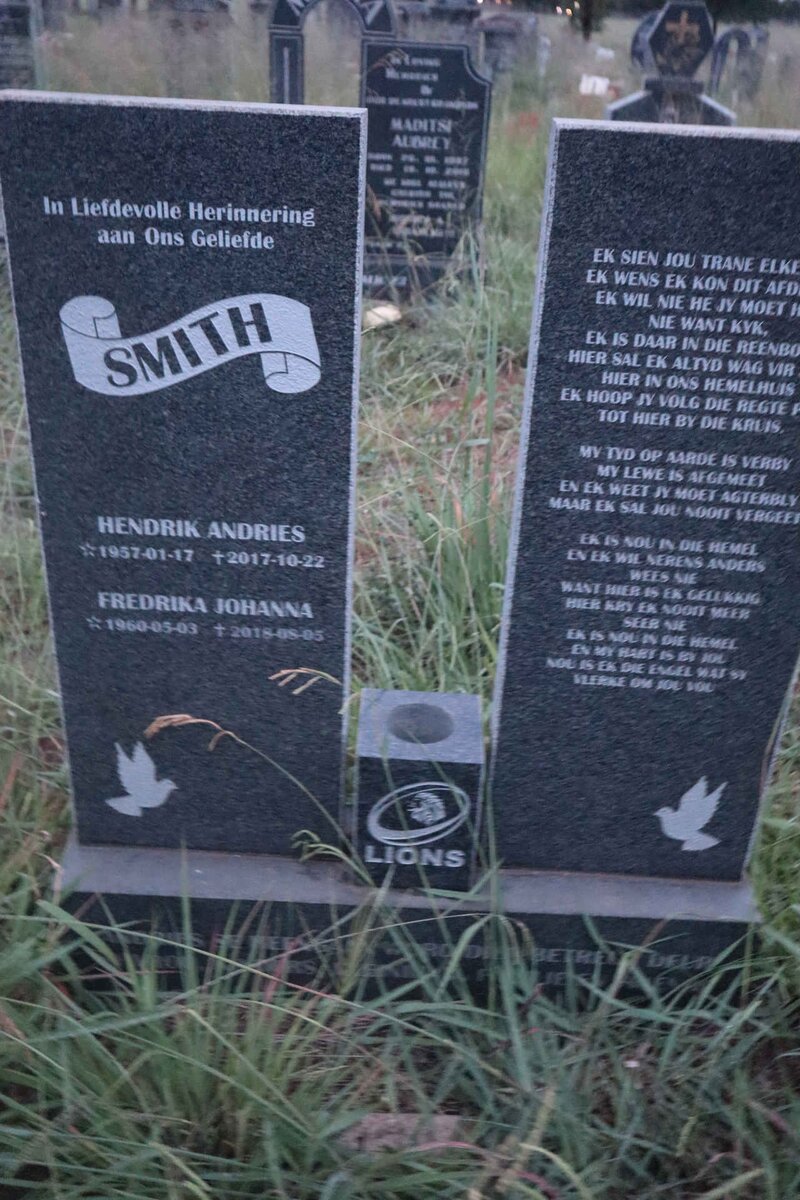 SMITH Hendrik Andries 1957-2017 & Fredrika Johanna 1960-2018