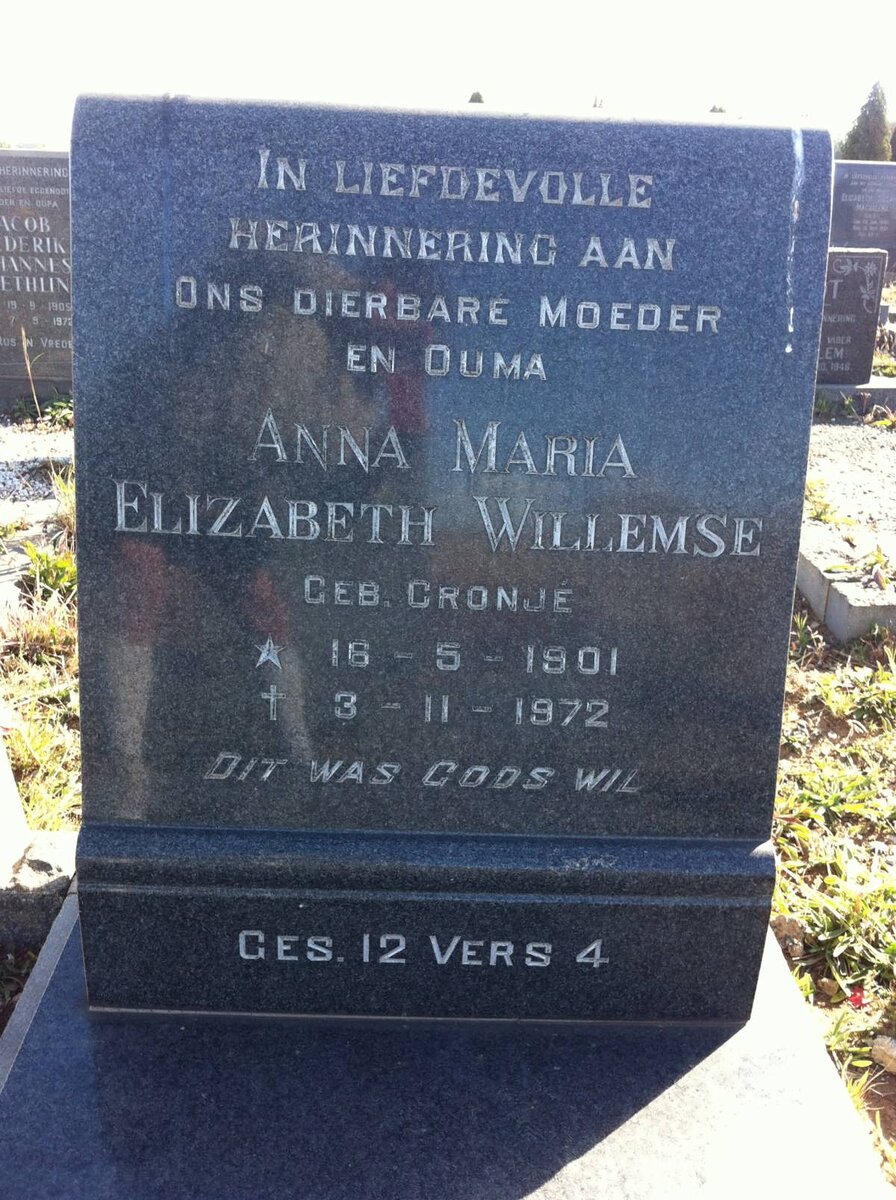 WILLEMSE Anna Maria Elizabeth nee CRONJE 1901-1972