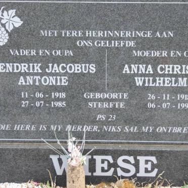 WIESE Hendrik Jacobus Antonie 1918-1985 &amp; Anna Christina Wilhelmina 1918-1994