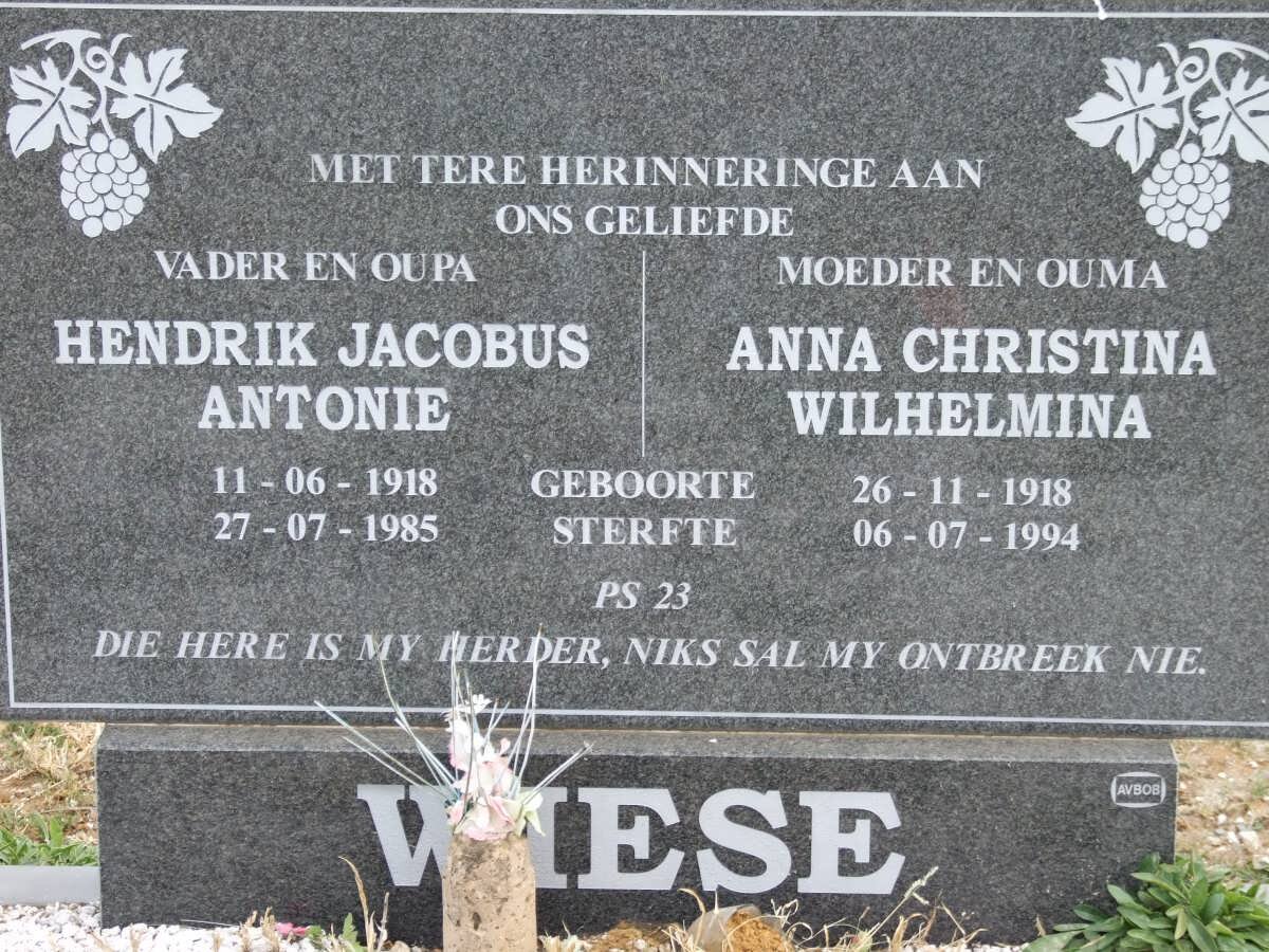 WIESE Hendrik Jacobus Antonie 1918-1985 &amp; Anna Christina Wilhelmina 1918-1994