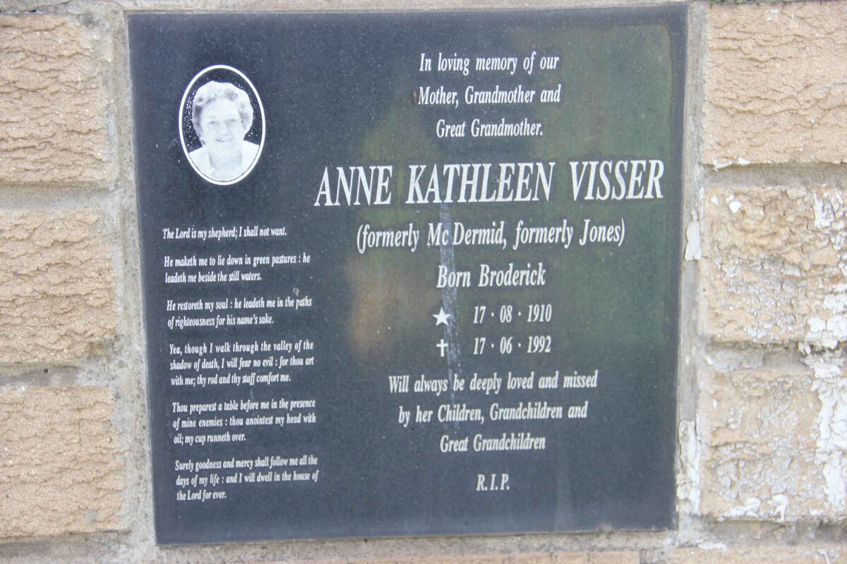 VISSER Anne Kathleen previously McDERMID and JONES nee BRODERICK 1910-1992