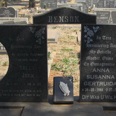 BENSON Solly John 1943-1980 &amp; Anna Susanna Gertruida 1944-2013
