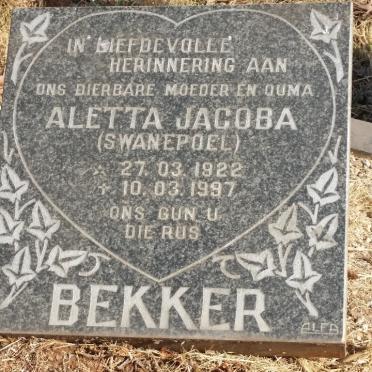 BEKKER Aletta Jacoba nee SWANEPOEL 1922-1997