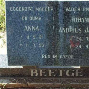 BEETGE Johannes Andries Jacobus 1925-2001 &amp; Anna 1921-1996