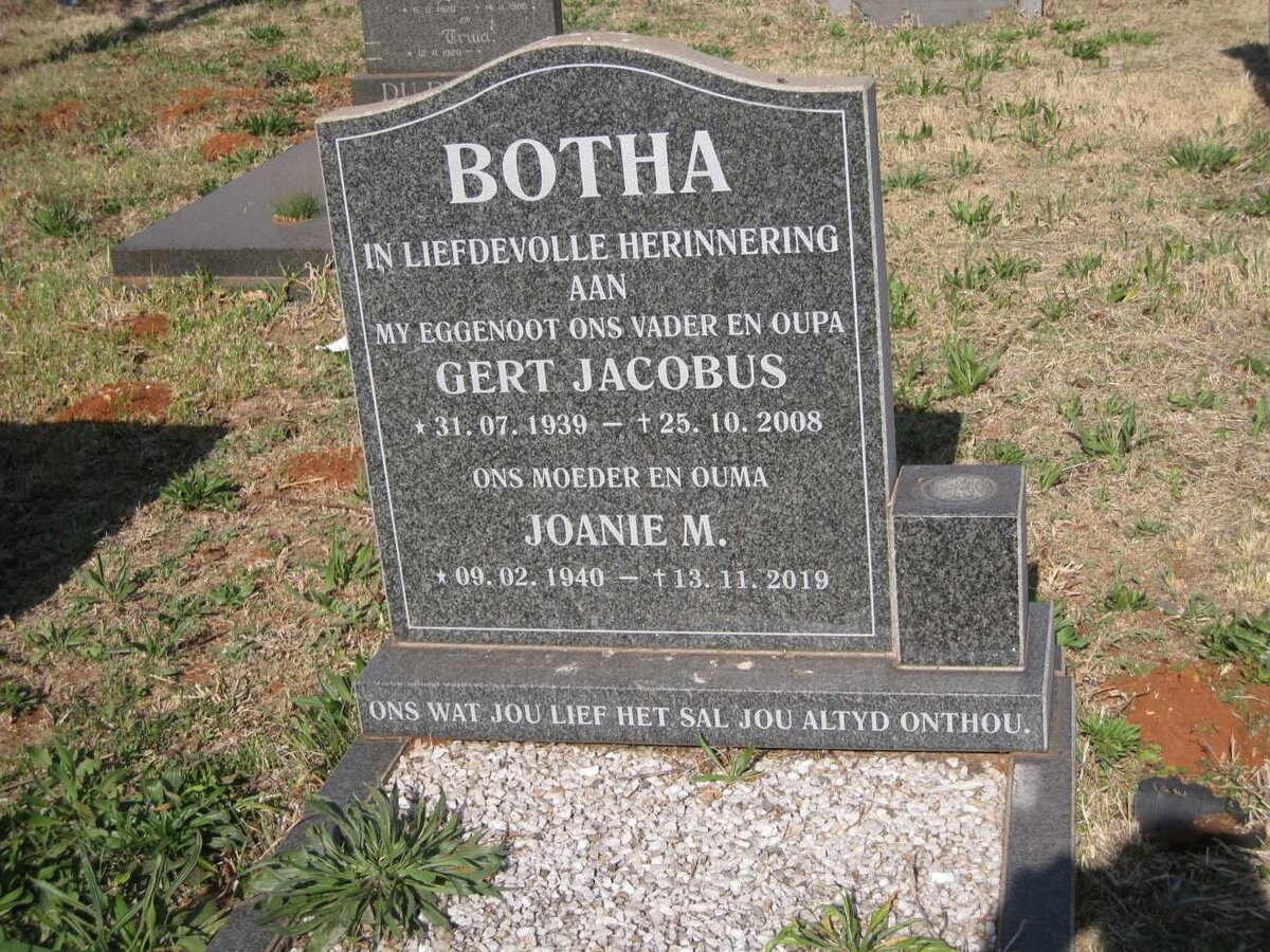 BOTHA Gert Jacobus 1939-2008 & Joanie M. 1940-2019