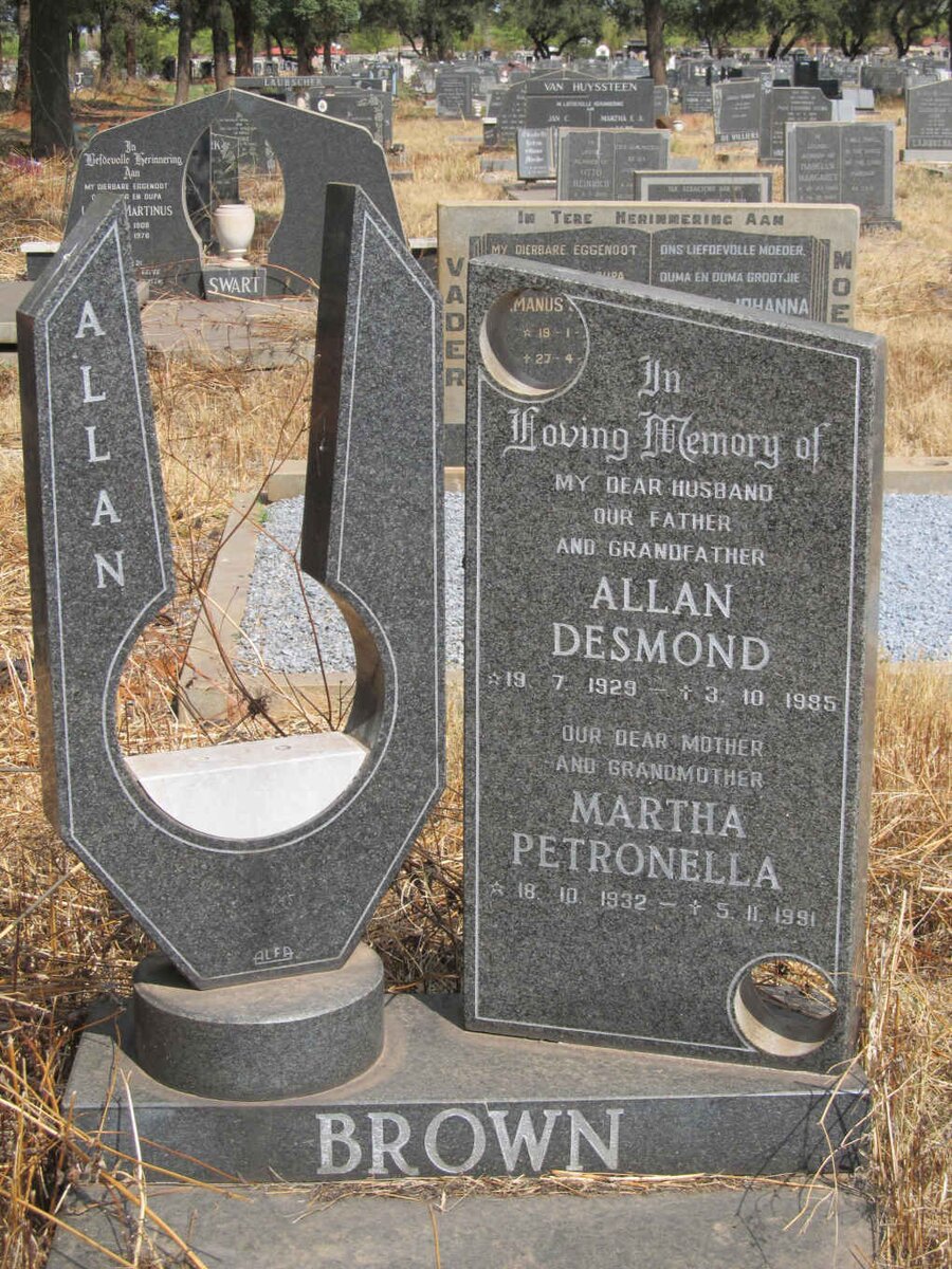 BROWN  Allan Desmond 1929-1985 &amp; Martha Petronella 1932-1991