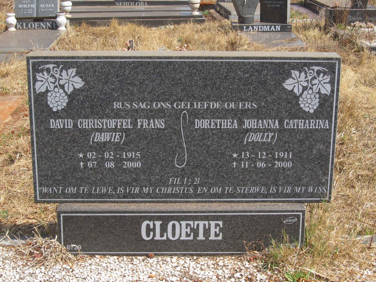 CLOETE David Christoffel Frans 1915-2000 &amp; Dorethea Johanna Catharina 1911-2000