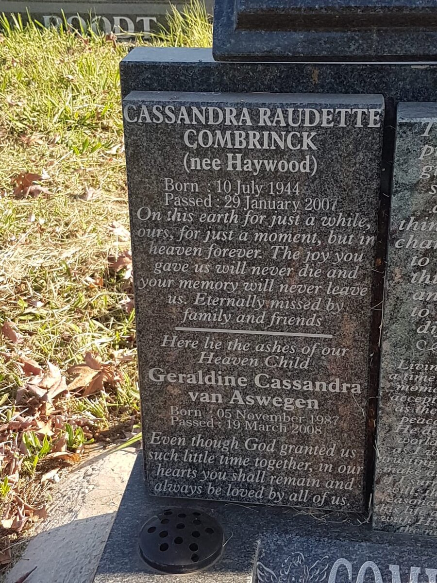 COMBRINCK Louwrens Marthinus 1940-2016 &amp; Cassandra Raudette HAYWOOD 1944-2007