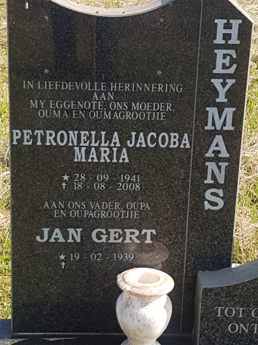 HEYMANS Jan Gert 1939- &amp; Petronella Jacoba Maria 1941-2008