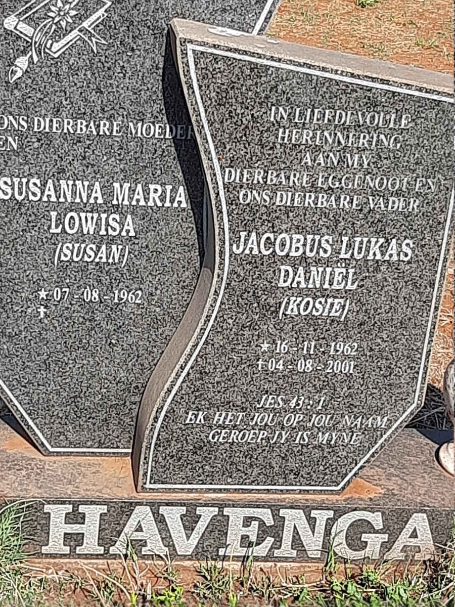 HAVENGA Jacobus Lukas Daniel 1962-2001 & Susanna Maria Lowisa 1962-