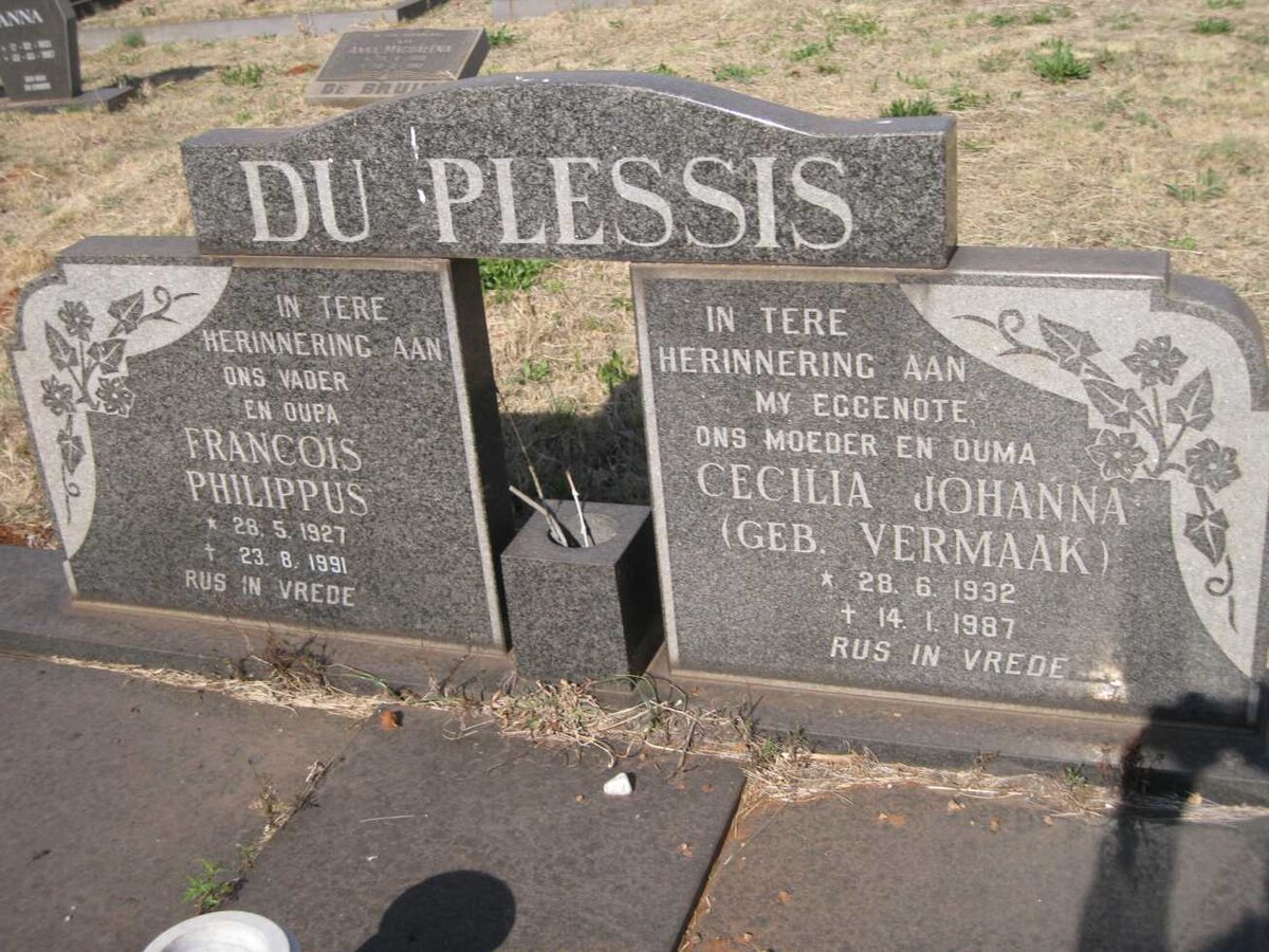 PLESSIS Francois Philippus, du 1927-1991 & Cecilia Johanna VERMAAK 1932-1987