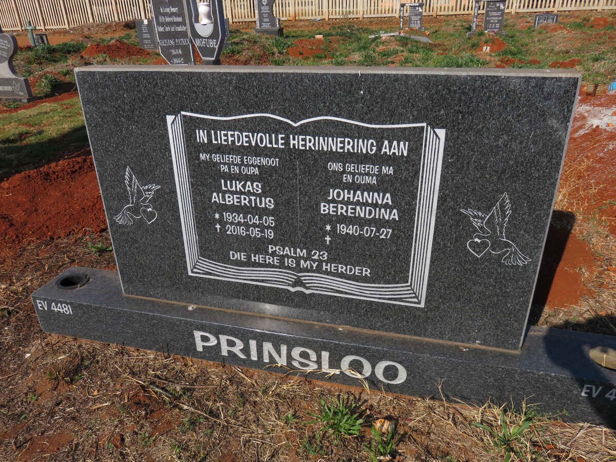 PRINSLOO Lukas Albertus 1934-2016 & Johanna Berendina 1940- 