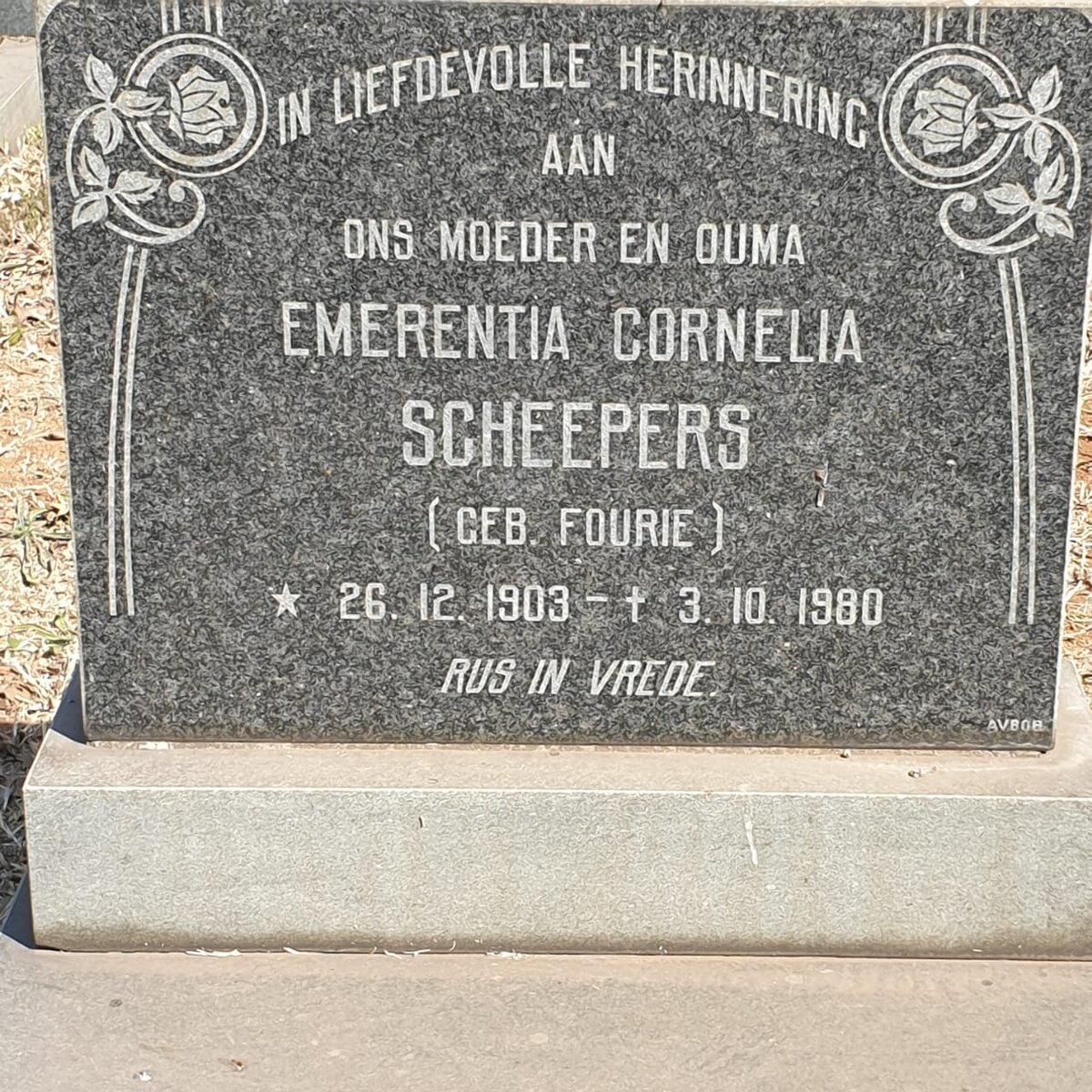 SCHEEPERS Emerentia Cornelia nee FOURIE 1903-1980