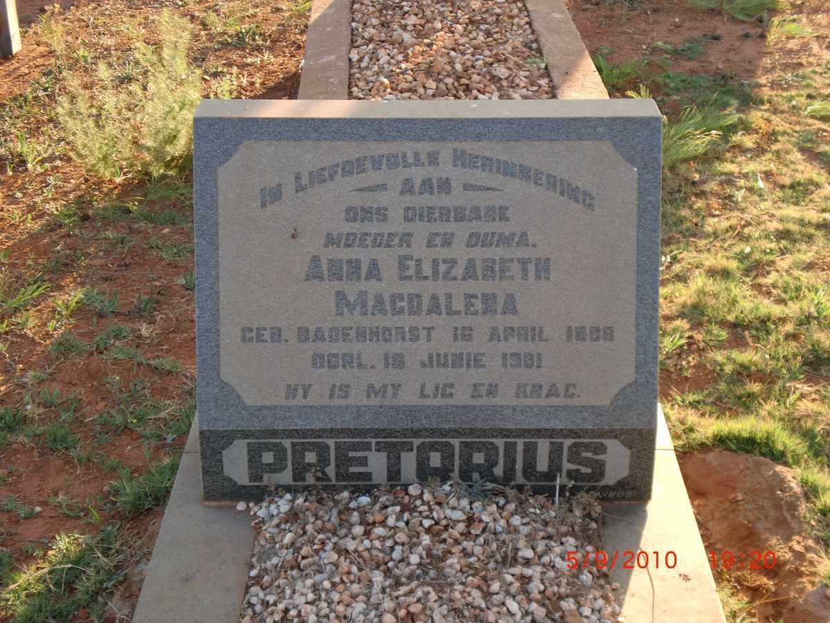 PRETORIUS Anna Elizabeth Magdalena nee BADENHORST 1898-1981